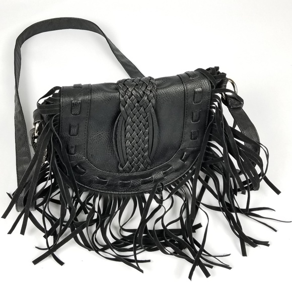 Black Faux Leather Fringe Shoulder Bag Purse - Picture 1 of 6